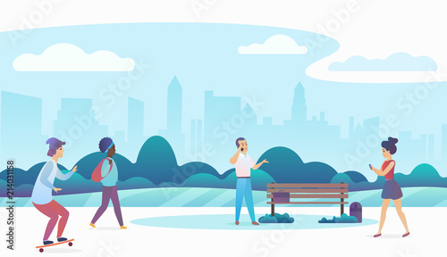 People walking and relaxing in a beautiful urban public park with modern city skyline on the background. Modern flat gradient vector illustration.