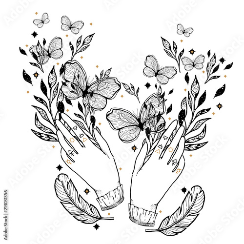 Sketch graphic illustration with mystic and occult hand drawn symbols. . Cute Magic hands sorcery. Vector illustration. Astrological and esoteric freemasonry concept.