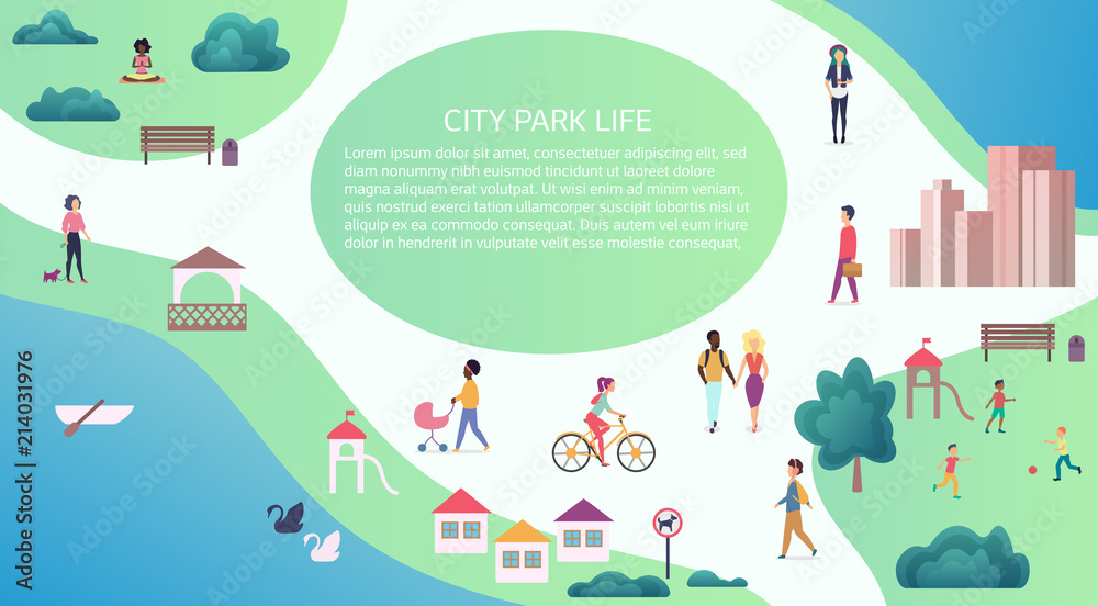 Vector Top map view concept of people at public city park walking and performing leisure outdoor activities.