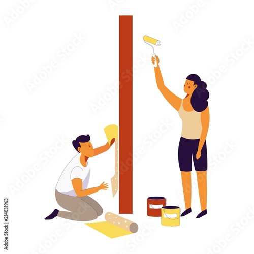 Couple does repairs at home and change wallpapers