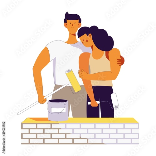 Vector young couple family on house building