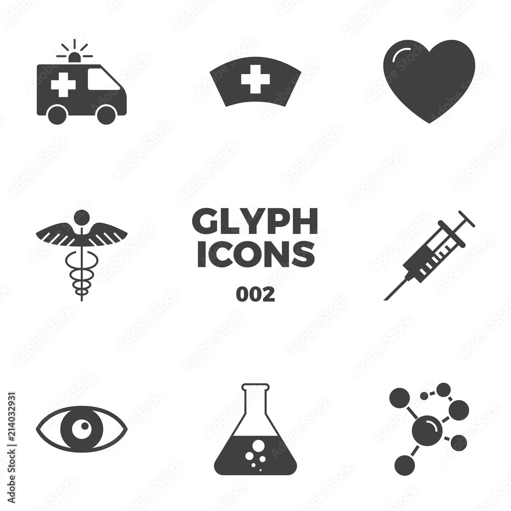 Medical Vector Icons Set. Glyph Related Icons, Sign and Symbols in Flat Design Medicine and Health Care with Elements for Mobile Concepts and Web Apps. Collection Infographic Logo and Pictogram