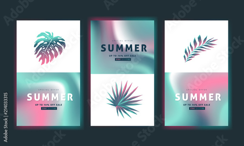 Summer sale background layout banners decorate with paper art tropical leaf vibrant bold gradient holographic .voucher discount.Vector illustration template.
