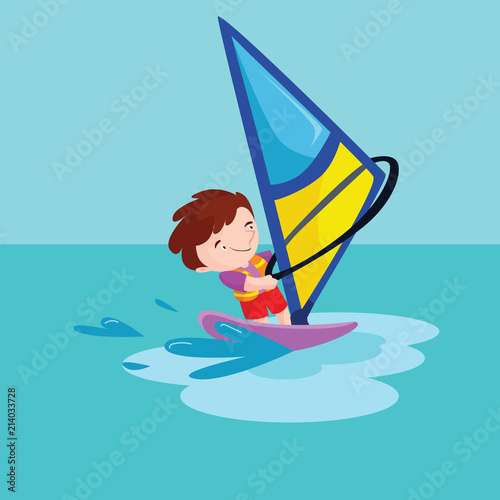 cute little windsurfer boys surfing in the ocean cartoon character