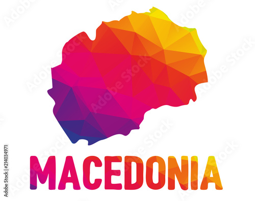 Low polygonal map of Republic of Macedonia (Makedonija; Republic of North Macedonia) with sign Macedonia, both in warm colors of red, purple, orange and yellow; sovereign state in Southeast Europe