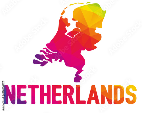 Low polygonal map of the Netherlands (Nederland; Kingdom of the Netherlands, often referred as Holland) with sign Netherlands, both in warm colors; sovereign state in Wester Europe