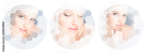 Human face in a collage. Young and healthy woman in plastic surgery, medicine, spa and face lifting concept collection.