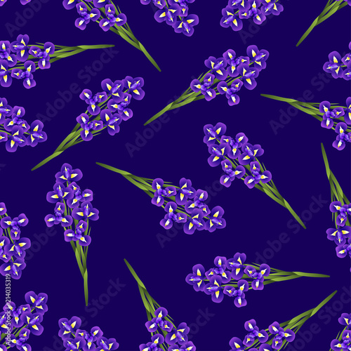 Fototapeta Naklejka Na Ścianę i Meble -  Dark Blue Purple Iris Flower on Navy Blue Background.