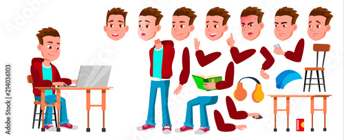 Boy Schoolboy Kid Vector. High School Child. Animation Creation Set. Face Emotions, Gestures. Child Pupil. Subject, Clever, Studying. For Banner, Flyer, Web Design. Animated. Cartoon Illustration