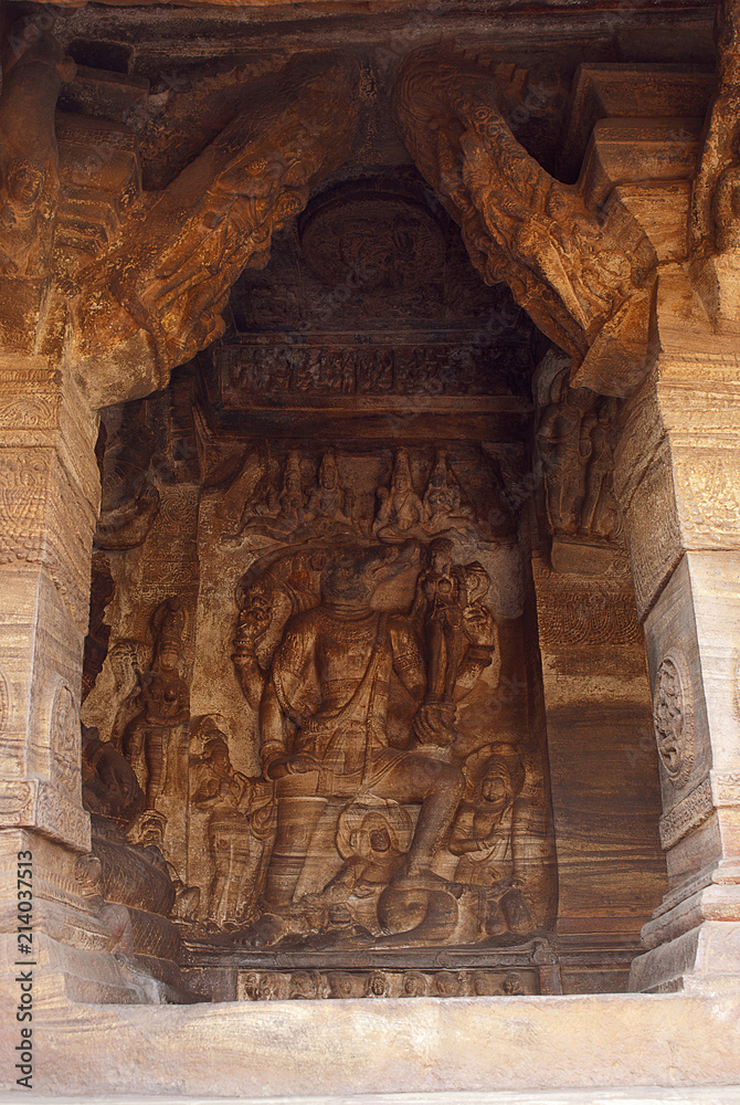 Cave 3 : Carved figure of Vishnu as Varaha, boar, on left wall of the hall. Badami Caves, Karnataka, India.