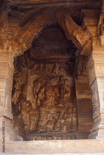 Cave 3 : Carved figure of Vishnu as Varaha, boar, on left wall of the hall. Badami Caves, Karnataka, India.