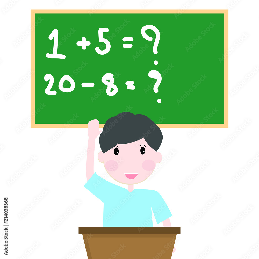 Happy student boy siting in front of green board and showing his hand.Vector illustration.