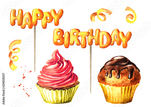 Happy Birthday lettering on a stick  cake and brownie. Watercolor hand drawn illustration  isolated on white background