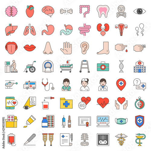 Hospital, health care and pharmaceutical related icon such as organ, certificate, x-ray film, bone fraction, doctor, injection, medicine bottle, presciption, and eye test, filled icon