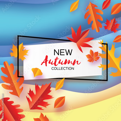 Beautiful Autumn in paper cut style. Origami leaves. Hello Autumn. September. October. Rectangle frame for text. Origami Foliage. Maple, oak. Fall. Poster template.