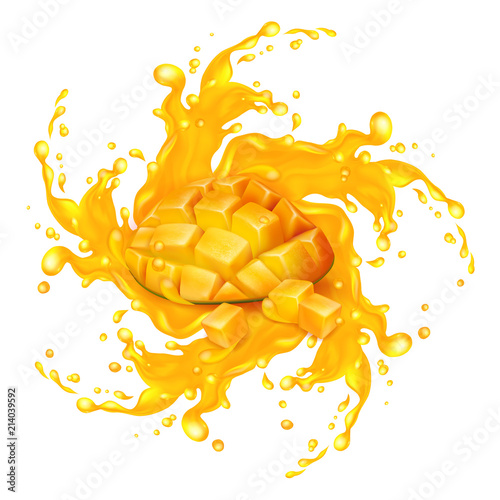 Mango juice with ripe fruits. Sliced mango cubes and juice splash flow in a circle. Realistic vector illustration.