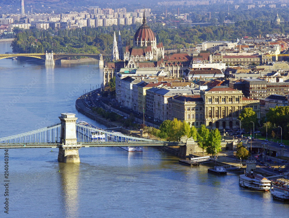 Budapest city view of Parliament building and Chain Bridge. Hungary