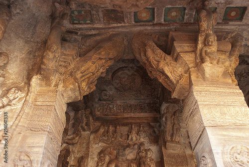 Cave 3 : View of verandah, from outside. Badami Caves, Karnataka. Fresco paintings on the ceilings can also seen.