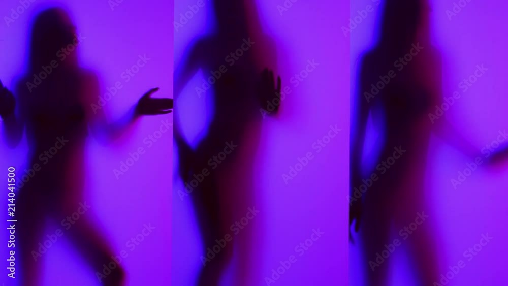 Beauty model girl silhouette. Beautiful sexy young woman with perfect slim body dancing in uv light. Three vertical shots. Slow motion 4K UHD video 3840x2160