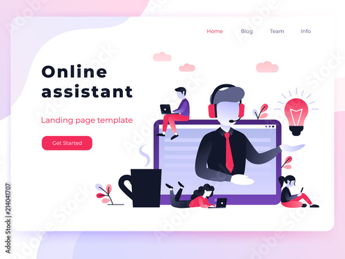 Landing page template customer and operator, online technical support 24-7 for web page. Vector illustration male hotline operator advises client. Online assistant, virtual help service for business.
