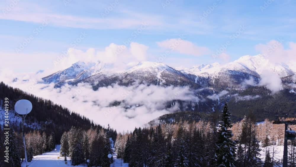 Panoramic view of a winter valley with cableway Panoramic view of a winter valley with cableway