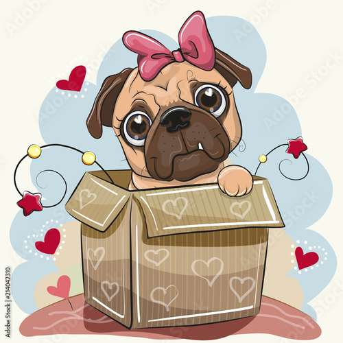 Birthday card with a Cute Cartoon Pug Dog in the box