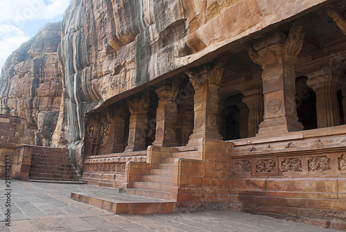 Cave 3: Entrance. Pillared verandah or facade. Badami Caves, Karnataka. It is 70 feet, 21 m, in length with an interior width of 65 feet, 20 m.