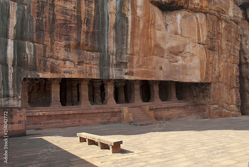 Cave 3: Entrance. Pillared verandah or facade. Badami Caves, Karnataka. It is 70 feet, 21 m, in length with an interior width of 65 feet, 20 m. photo