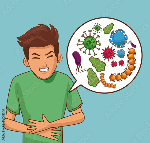 Young man with stomach ache cartoons vector illustration graphic design