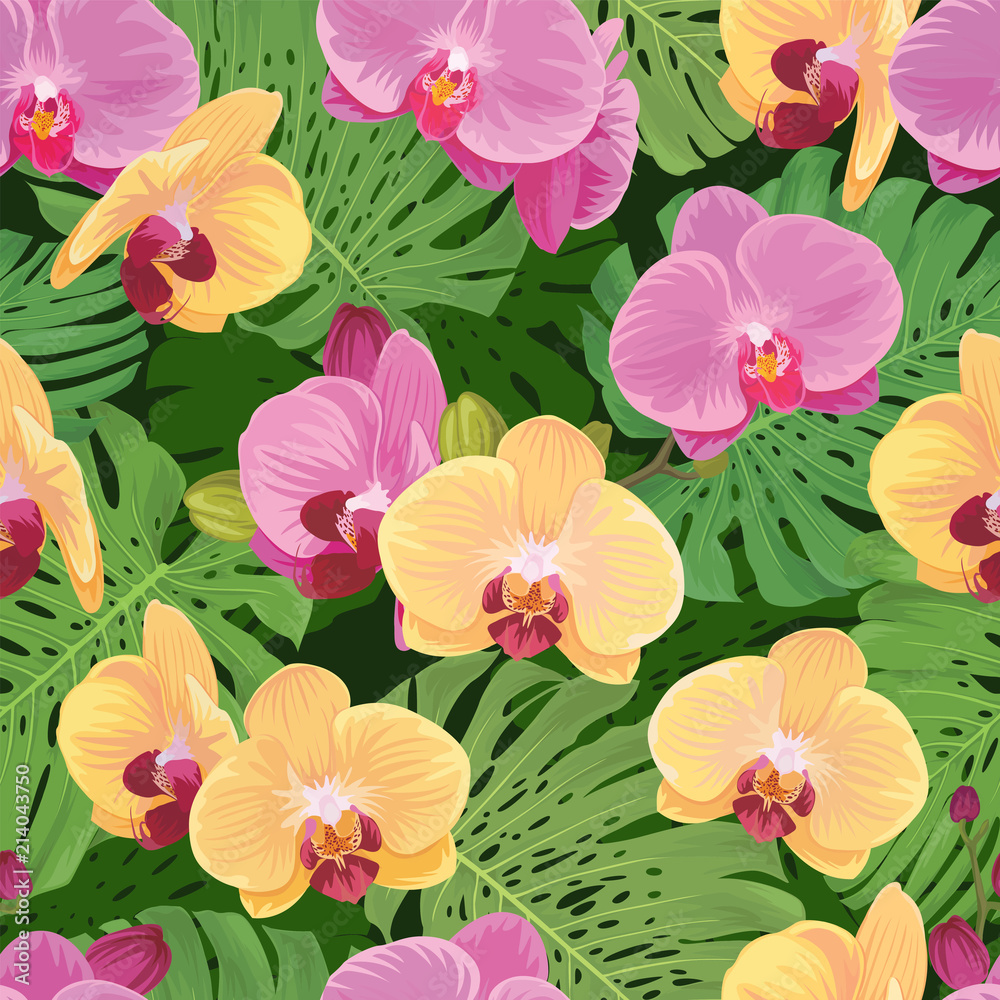 Fototapeta premium Seamless pattern of orchid flower and tropical leaves on green background. Vector set of exotic tropical garden for holiday invitations, greeting card and fashion design.
