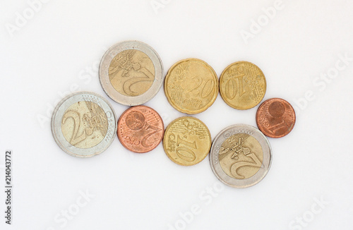 Used Euro coins isolated on white background.
