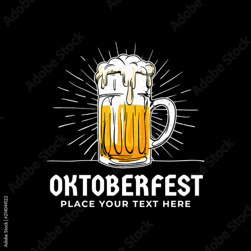 Oktoberfest, hand drawn logo badge. Old style full glass of beer with sun rays background illustration for Munich beer festival concept design. Poster, banner, sticker, advertising vector template.