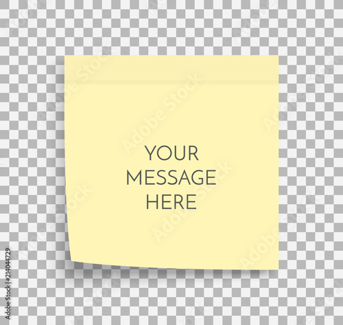 Post note paper sheet. Sticky sticker. Vector office memo template. Blank yellow square adhesive sticker mock up with curved corner.