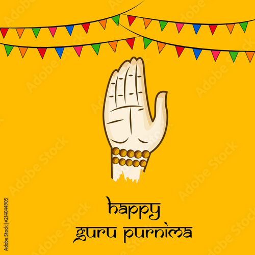 illustration of hand giving blessing with happy Guru Purnima text on the occasion of hindu festival Guru Purnima celebrated in India