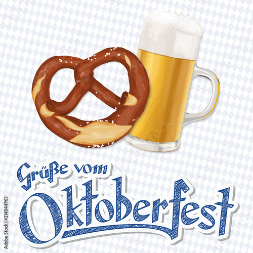 Oktoberfest background with pretzel and beer