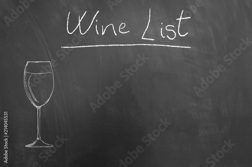 Wine list chalk text glass drawing on blackboard.