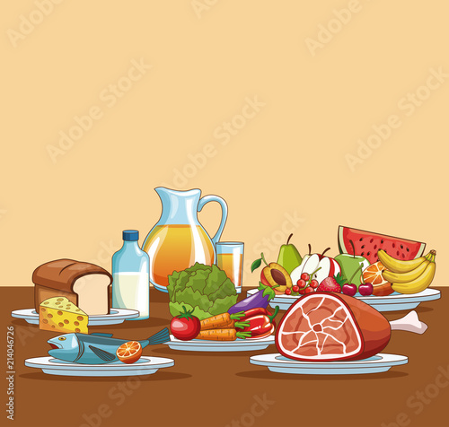 Healthy food on table cartoons vector illustration graphic design