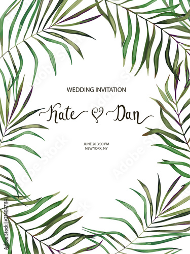 Exotic tropical palm tree. Frame border background. Summer vector illustration. Template for card. Watercolor style