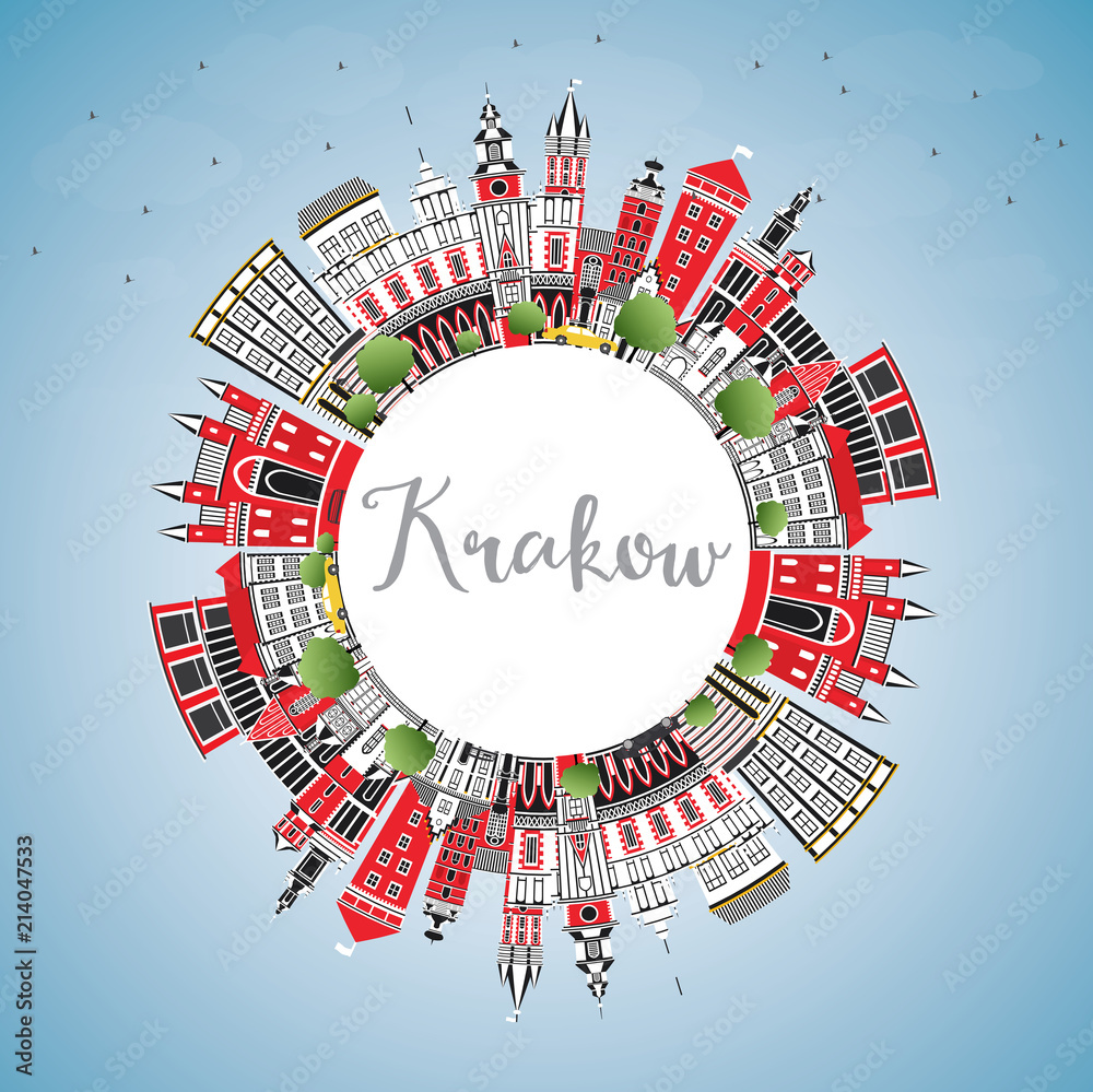 Naklejka premium Krakow Poland City Skyline with Color Buildings, Blue Sky and Copy Space.