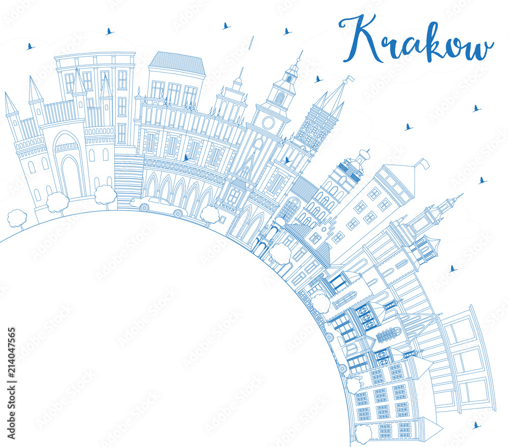 Fototapeta premium Zarys panoramę miasta Kraków Polska z niebieskimi budynkami i przestrzenią do kopiowania.