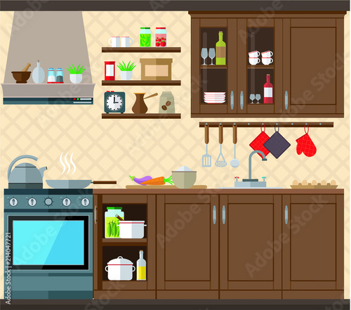 Kitchen with a set of furniture. The cozy interior of the room with a stove, wardrobe and utensils. Flat style vector illustration.