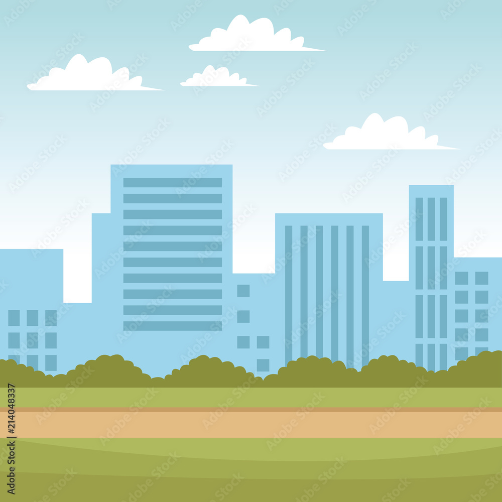 Cityscape view from park scenery cartoon vector illustration graphic design