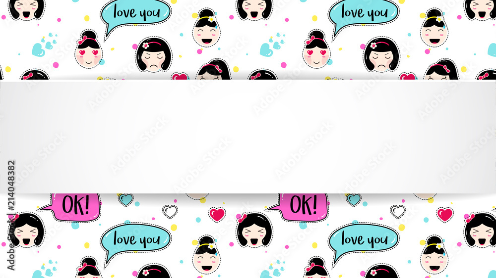 Girl banner with anime emoji pattern. Cute stickers with emoticon and 3d paper. Childish girl banner with kawaii asian faces. Template for fashion and make up sales, ads, special offers and flyers.