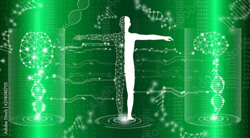 abstract background technology concept in green light,human body heal,technology modern medical science in future and global international medical with tests analysis clone DNA human