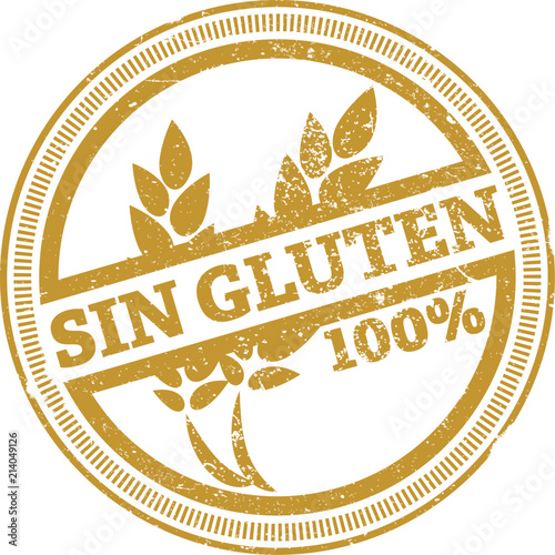 golden grunge 100% gluten free rubber stamp with Spanish words SIN GLUTEN vector illustration photo