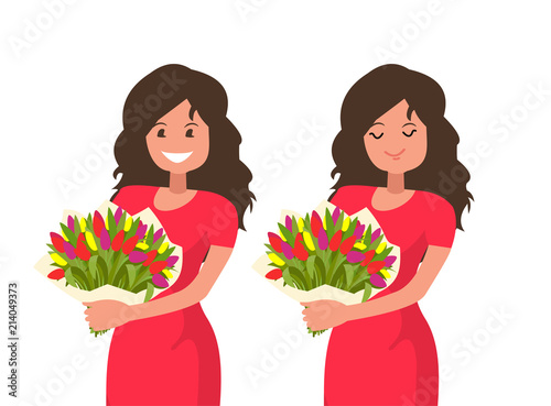 Woman holding a bouquet of flowers and inhale its aroma.