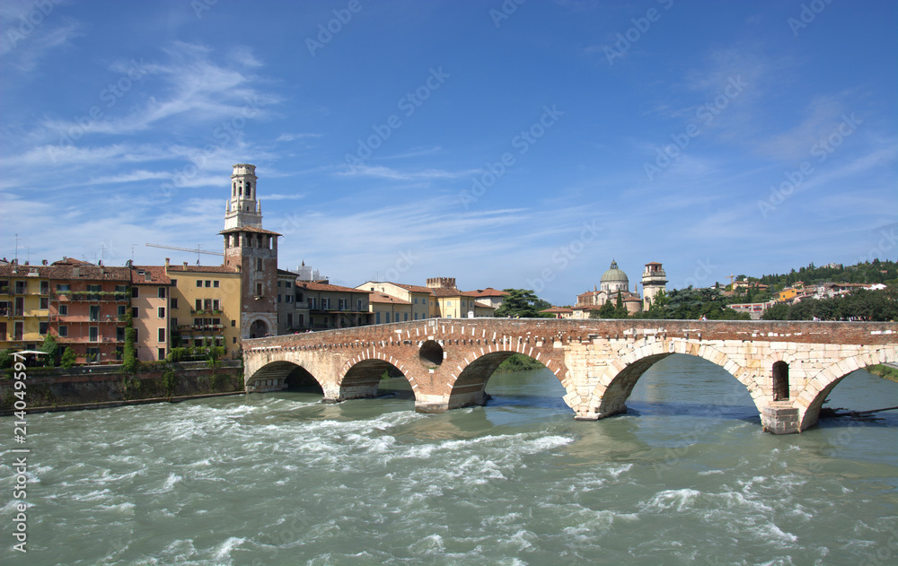The Pietra bridge, on the Adige river, Verona, Italy