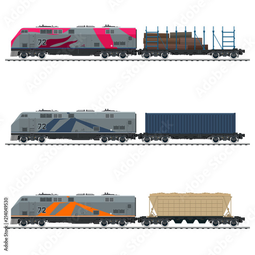 Locomotive with Cargo Container, with Hopper Car and Railway Platform for Timber Transportation ,  Railway  Freight Transportation, Vector Illustration
