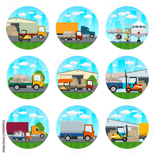 Set of Transportation Icons, Airplane with Autoloader at the Airport, Trucks  with Different Loads , Warehouse and Transportation Services and Logistics, Air Cargo Services and Freight,  Vector 