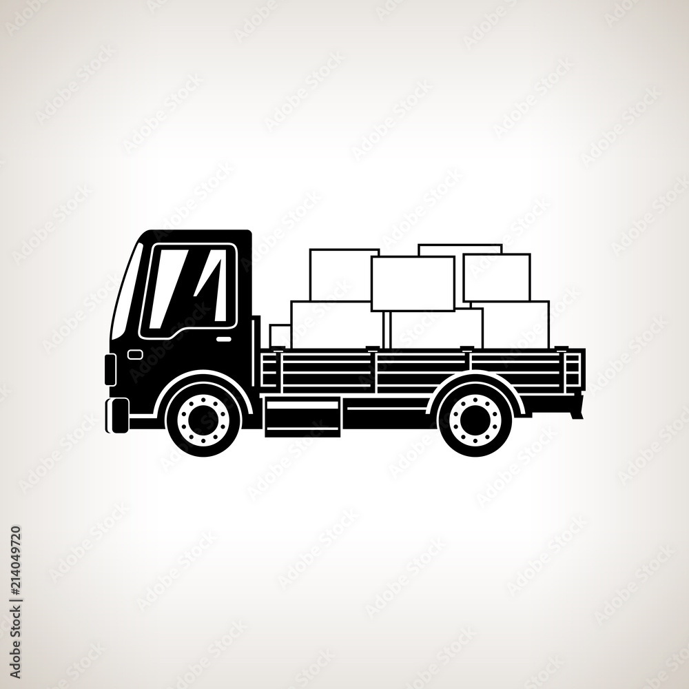 Silhouette Small Cargo Truck with Boxes Isolated on Light Background, Delivery Services, Logistics, Shipping and Freight of Goods,  Vector Illustration